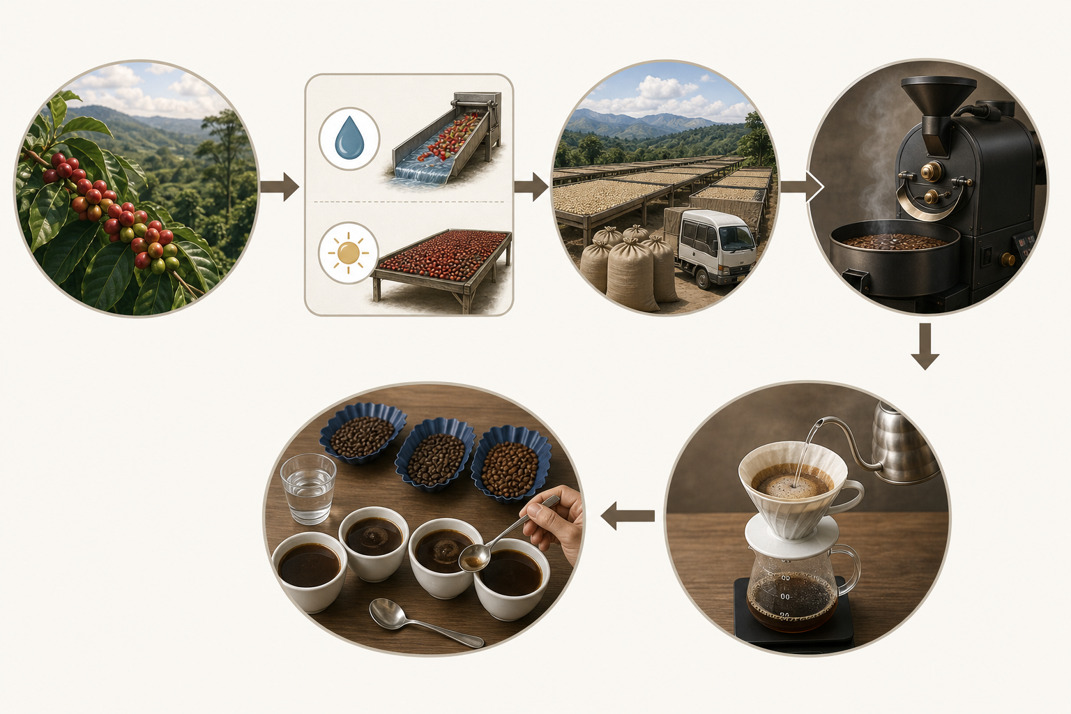 Simple end-to-end process diagram of specialty coffee.