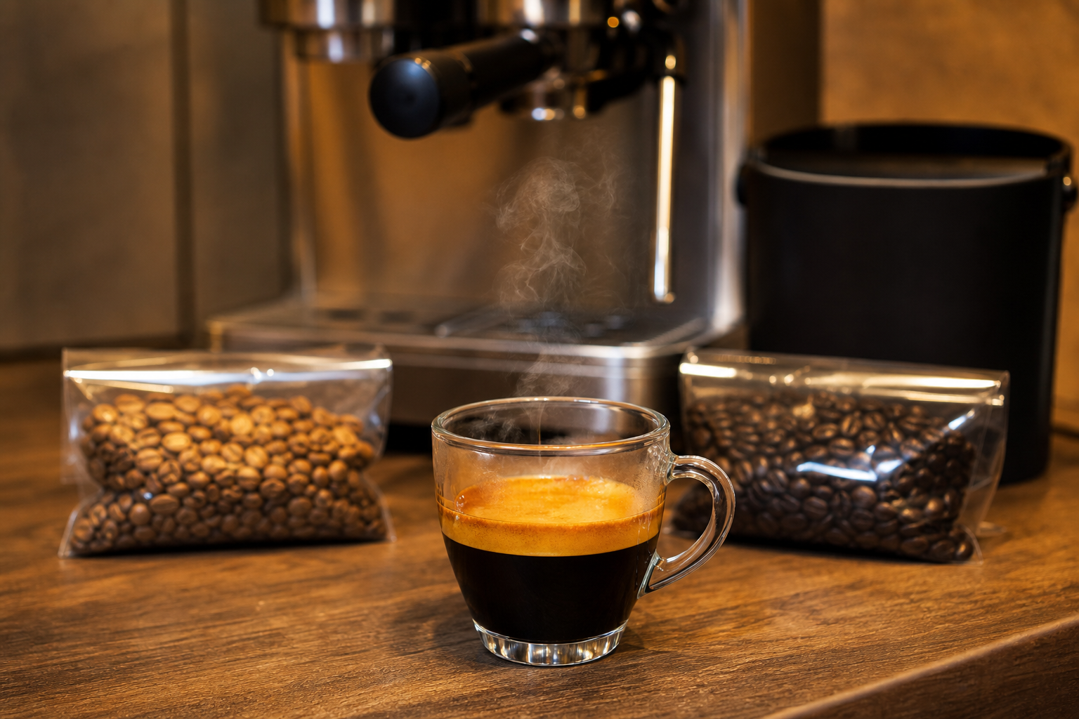 Comparaison visuelle de grains torréfiés et résultat en tasse.
