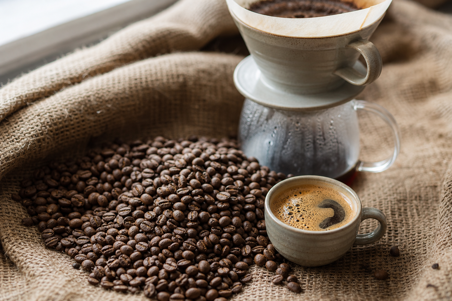 Specialty coffee beans and brewed coffee setup for an easy visual introduction.