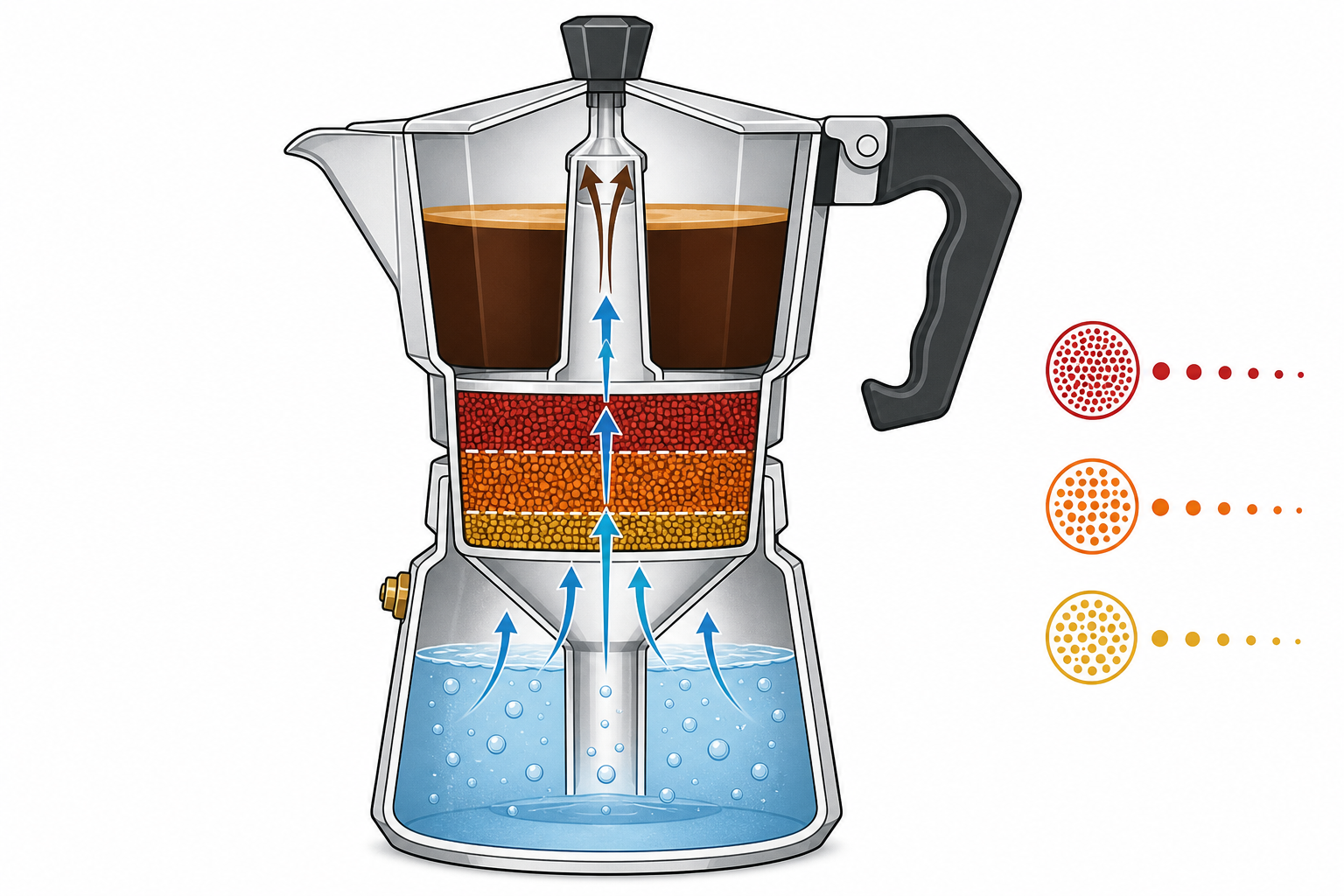 Schéma de circulation de l’eau dans la moka et impact de la mouture